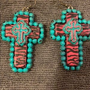 Distressed pink zebra cross clay earrings